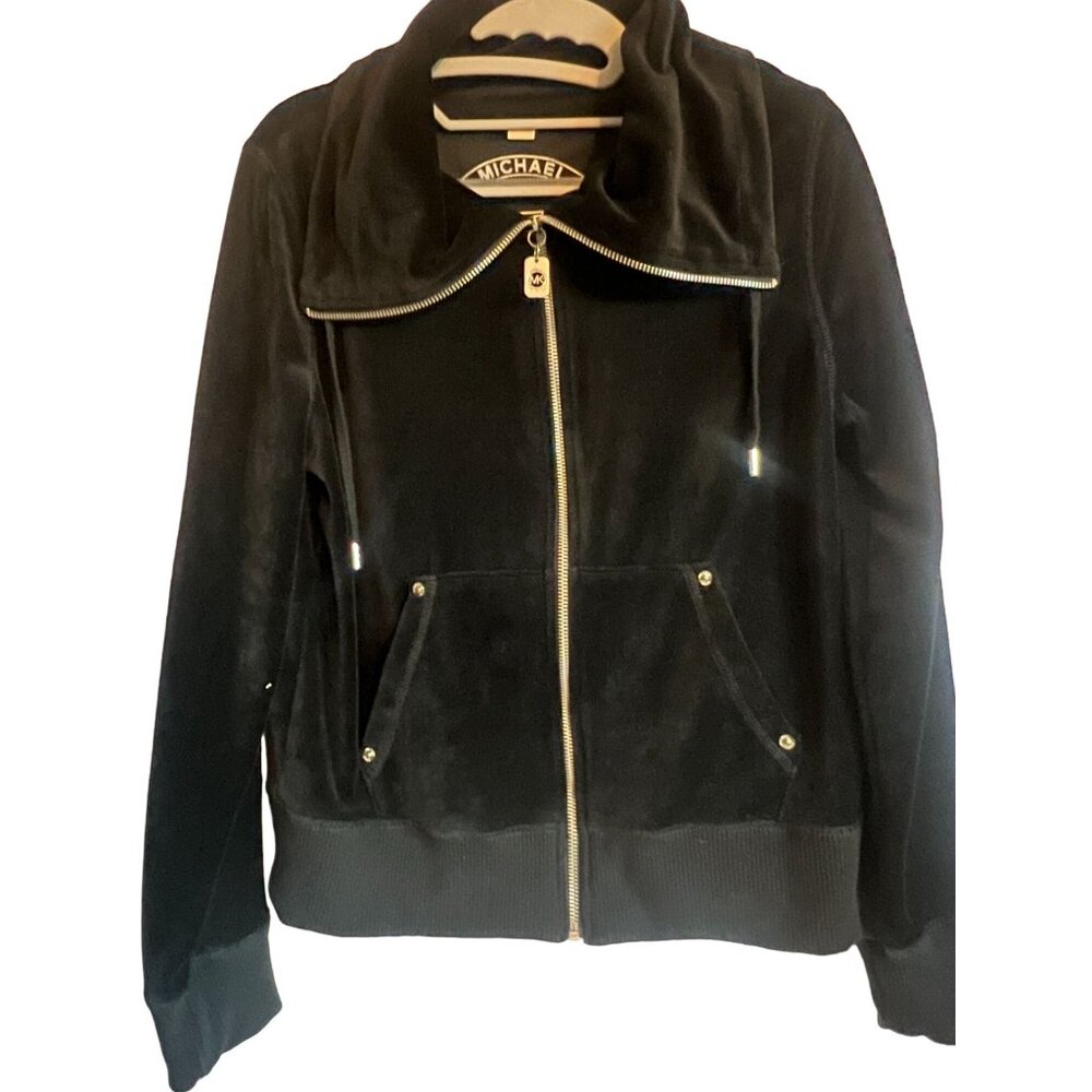 Michael Kors M‎ Black Velour Jacket zip Kangaroo Pockets Drawstring High Collar
